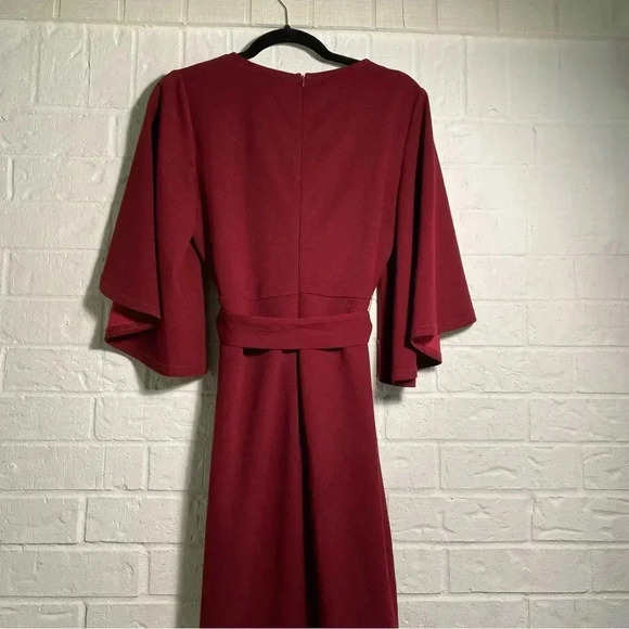 SHEIN Bodycon Dress Size Large Cape Sleeve Red Burgundy Cloth Waist Tie Date - Picture 3 of 12